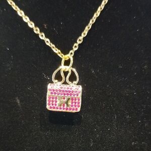 Gold with Pink Handbag Pendant Upcycled With Unbranded Chain #64